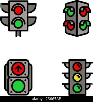 Traffic lights icons set. Outline set of traffic lights vector icons for web design isolated on white background. Traffic lights icons set, outline style Stock Vector