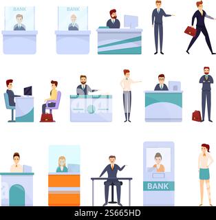Bank teller icons set. Cartoon set of bank teller vector icons for web design. Bank teller icons set, cartoon style Stock Vector