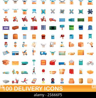 100 delivery icons set. Cartoon illustration of 100 delivery icons vector set isolated on white background. 100 delivery icons set, cartoon style Stock Vector