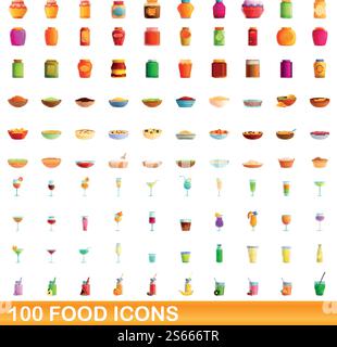 100 food icons set. Cartoon illustration of 100 food icons vector set isolated on white background. 100 food icons set, cartoon style Stock Vector