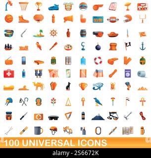 100 universal icons set. Cartoon illustration of 100 universal icons vector set isolated on white background. 100 universal icons set, cartoon style Stock Vector
