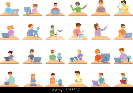 Programming for children icons set. Cartoon set of programming for children vector icons for web design. Programming for children icons set, cartoon style Stock Vector