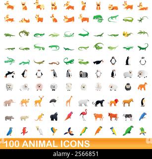 100 animal icons set. Cartoon illustration of 100 animal icons vector set isolated on white background. 100 animal icons set, cartoon style Stock Vector