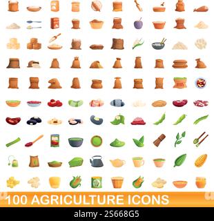 100 agriculture icons set. Cartoon illustration of 100 agriculture icons vector set isolated on white background. 100 agriculture icons set, cartoon style Stock Vector