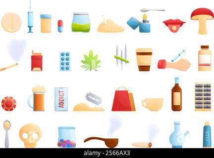 Addict icons set. Cartoon set of addict vector icons for web design. Addict icons set, cartoon style Stock Vector