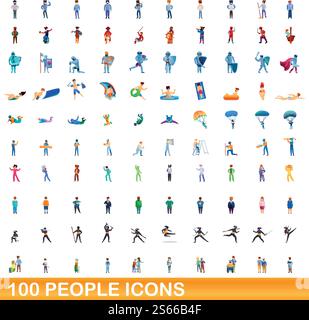100 people icons set. Cartoon illustration of 100 people icons vector set isolated on white background. 100 people icons set, cartoon style Stock Vector