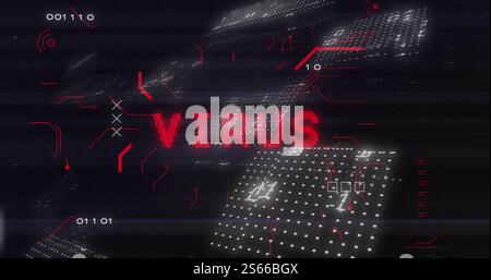 Image of binary coding and digital data processing over virus text Stock Photo