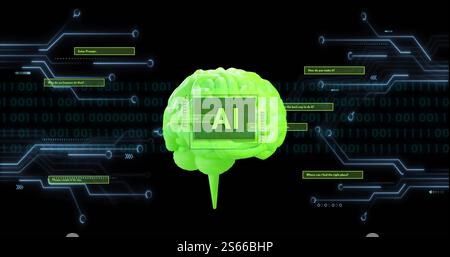 Image of binary coding data processing over ai brain Stock Photo