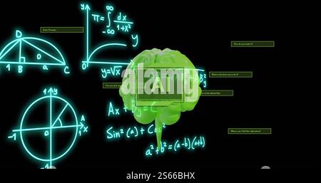 Mathematical equations and graphs over green brain image, representing artificial intelligence Stock Photo