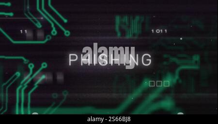 Image of phishing text and data processing over circuit board Stock Photo