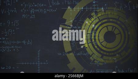 Image of yellow circular scanner processing over mathematical equations on dark background Stock Photo