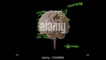 Image of mathematical equations over rotating brain on black background Stock Photo