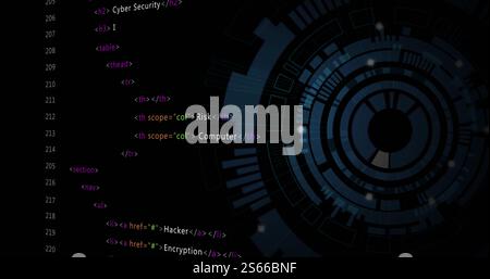 Image of data processing over blue circular scanner on black background Stock Photo