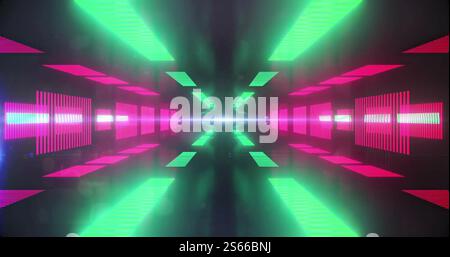 Image of glowing neon pattern moving over black background Stock Photo