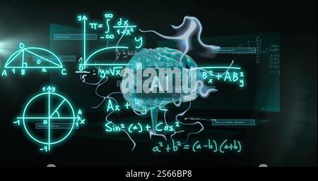 AI text over brain and mathematical formulas, scientific data processing image Stock Photo
