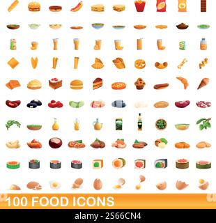 100 food icons set. Cartoon illustration of 100 food icons vector set isolated on white background. 100 food icons set, cartoon style Stock Vector