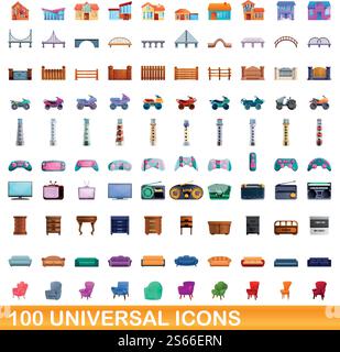 100 universal icons set. Cartoon illustration of 100 universal icons vector set isolated on white background. 100 universal icons set, cartoon style Stock Vector