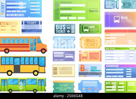 Bus ticketing icons set. Cartoon set of bus ticketing vector icons for web design. Bus ticketing icons set, cartoon style Stock Vector