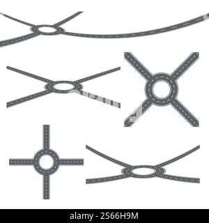 Roundabout, Circular Segment Of Road Set Vector. Collection Of Roundabout Way Junction Motion. Empty Asphalt Crossroad. Street Traffic And Transport Design Color Concept Template Illustration. Roundabout, Circular Segment Of Road Set Vector Stock Vector