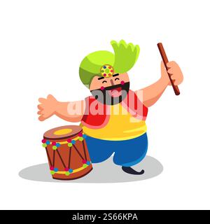 Punjabi Character With Drum Sticks And Dhol Vector. Funny Happy Punjabi Wearing National Traditional Clothes And Turban Dancing And Playing On Musical Instrument. Color Flat Cartoon Illustration. Punjabi Character With Drum Sticks And Dhol Vector Stock Vector