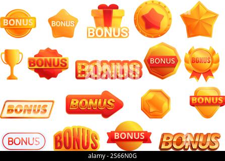 Bonus icons set. Cartoon set of bonus vector icons for web design. Bonus icons set, cartoon style Stock Vector