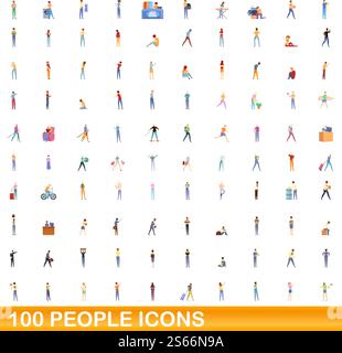 100 people icons set. Cartoon illustration of 100 people icons vector set isolated on white background. 100 people icons set, cartoon style Stock Vector