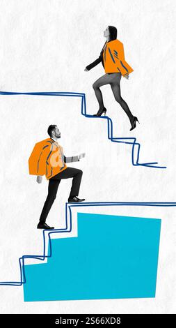 Modern artwork. Man and woman climbing illustrated stairs, dressed in formal attire with orange accents, symbolizing progress or career growth. Stock Photo