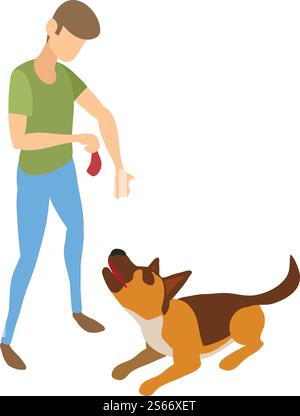 Cynologist give meat to dog icon. Isometric of cynologist give meat to dog vector icon for web design isolated on white background. Cynologist give meat to dog icon, isometric style Stock Vector