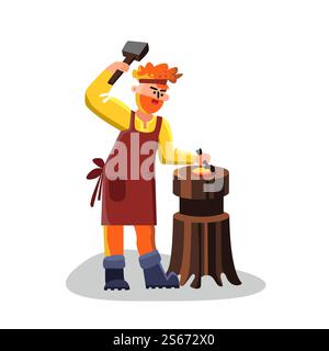 Blacksmith Worker With Hammer Forge Iron Vector. Blacksmith Strong Man With Industrial Instrument Equipment And Anvil. Heavy Work Smith Farrier Character With Industry Tool Flat Cartoon Illustration. Blacksmith Worker With Hammer Forge Iron Vector Stock Vector
