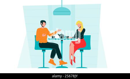 Romantic Couple Dating In Cafe Communicate Black Line Pencil Drawing Vector. Characters Dating In Restaurant Discussing, Talking And Drink Tea. Man And Woman Spending Time Together Illustration. Romantic Couple Dating In Cafe Communicate Vector Stock Vector