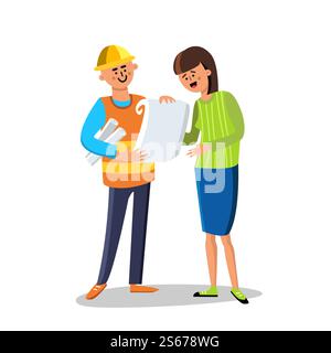 Engineer Builder Discussing With Woman Vector. Character Builder Man Wearing Construction Suit And Helmet With Paper List Speaking With Happy Smiling Young Lady. Flat Cartoon Illustration. Engineer Builder Discussing With Woman Vector Illustration Stock Vector