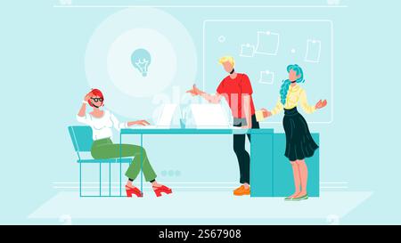 Business Colleagues Brainstorm At Office Black Line Pencil Drawing Vector. Characters People Meeting And Brainstorm, Share Ideas, Discussing And Communication In Conference Room. Illustration. Business Colleagues Brainstorm At Office Vector Illustration Stock Vector