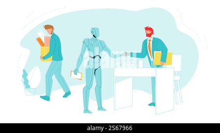 Dismissed Worker Leave Office With Supplies Black Line Pencil Drawing Vector. Dismissed With Box And Robot Handshake Director Or Employee, Artificial Intelligence, Human Vs Robots. Illustration. Dismissed Worker Leave Office With Supplies Vector Stock Vector