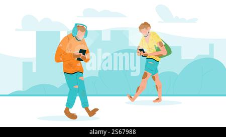 Humanity Degradation With Phone Walking Black Line Pencil Drawing Vector. Characters Human Men Walk On Street And Looking At Smartphone And Wearing Earphones. Gadget Addiction Problem Illustration. Humanity Degradation With Phone Walking Vector Illustration Stock Vector