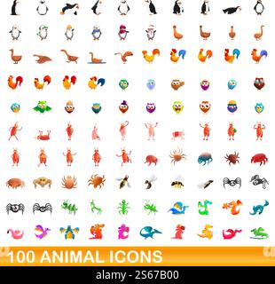 100 animal icons set. Cartoon illustration of 100 animal icons vector set isolated on white background. 100 animal icons set, cartoon style Stock Vector