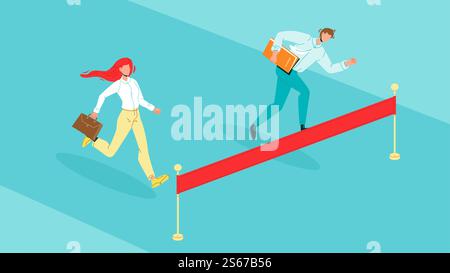 Man And Woman Rivals Running Black Line Pencil Drawing Vector. Businessman And Businesswoman Rivals Run To Finish Red Ribbon. Business People Challenge And Competition Or Contest Illustration. Man And Woman Rivals Running Characters Vector Stock Vector