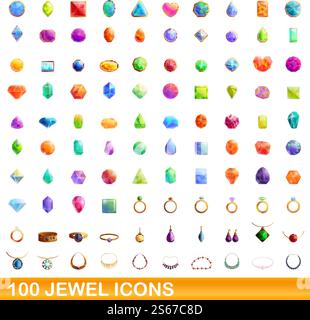 100 jewel icons set. Cartoon illustration of 100 jewel icons vector set isolated on white background. 100 jewel icons set, cartoon style Stock Vector