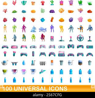 100 universal icons set. Cartoon illustration of 100 universal icons vector set isolated on white background. 100 universal icons set, cartoon style Stock Vector