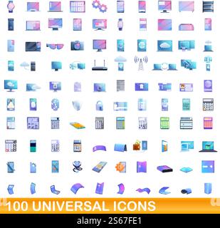 100 universal icons set. Cartoon illustration of 100 universal icons vector set isolated on white background. 100 universal icons set, cartoon style Stock Vector
