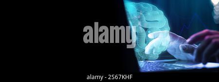 Person typing on laptop and interacting with digital brain hologram. Artificial intelligence and medical innovation. Stock Photo