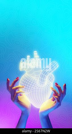 Hands holding glowing holographic heart model against vibrant background, symbolizing cardiovascular innovation and futuristic medicine. Stock Photo