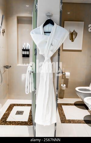 Hanger with clean bathrobe and towel on light wall. Space for text. High quality photo Stock Photo