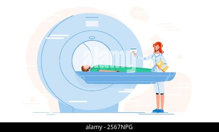 Nurse Preparing Patient For Mri Scan Test Black Line Pencil Drawing Vector. Doctor Testing Man Health In X-ray Mri Hospital Equipment. Clinic Magnetic Resonance Imaging Scanner Device Illustration. Nurse Preparing Patient For Mri Scan Test Vector Stock Vector