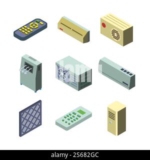 Conditioner Cooling System Collection Isometric Set Vector. Different Style Remote, Air Condition Wind Equipment, Conditioner Outdoor Block And Wall Grid Ventilation. Climate Device Illustrations. Conditioner Cooling System Collection Set Vector Stock Vector
