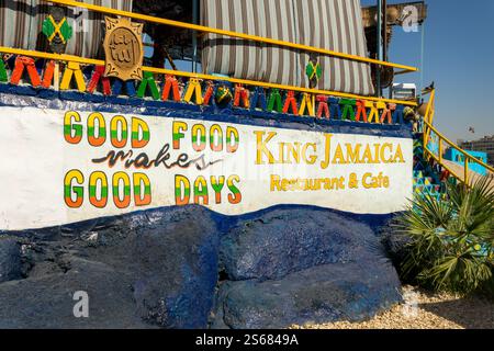 King Jamaica, colorful nubian restaurant and houses on Elephantine island  in Aswan, Egypt Stock Photo