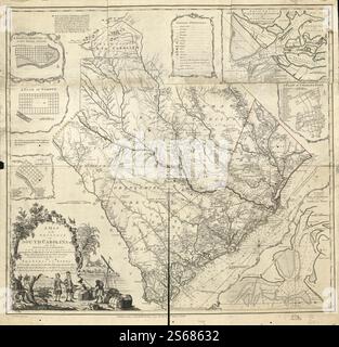 A map of the province of South Carolina with all the rivers, creeks, bays, inletts, islands, inland navigation, soundings, time of high water on the sea coast, roads, marshes, ferrys, bridges, swamps, parishes, churches, towns, townships, county, parish, district, and provincial lines. 1773 by Cook  James, Bowen  Thomas, Parker  H. Stock Photo