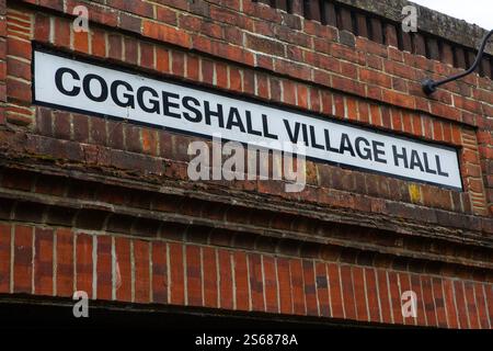 The sign above the entrance to Coggeshall Village Hall in the beautiful town of Coggeshall in Essex, UK. Stock Photo