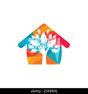Creative green hand tree and house logo design. Natural home care logo. Spa logo. Beauty salon or yoga logo. Stock Vector