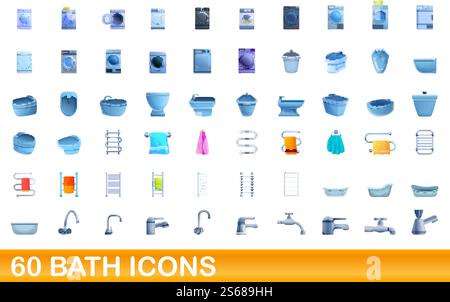 60 bath icons set. Cartoon illustration of 60 bath icons vector set isolated on white background. 60 bath icons set, cartoon style Stock Vector