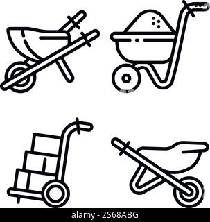 Wheelbarrow icons set. Outline set of wheelbarrow vector icons for web design isolated on white background. Wheelbarrow icons set, outline style Stock Vector